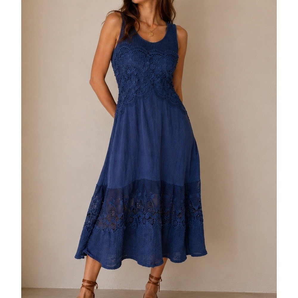 Reba Blue Crochet Lace Midi Dress Womens Small Sleeveless Boho Coastal
